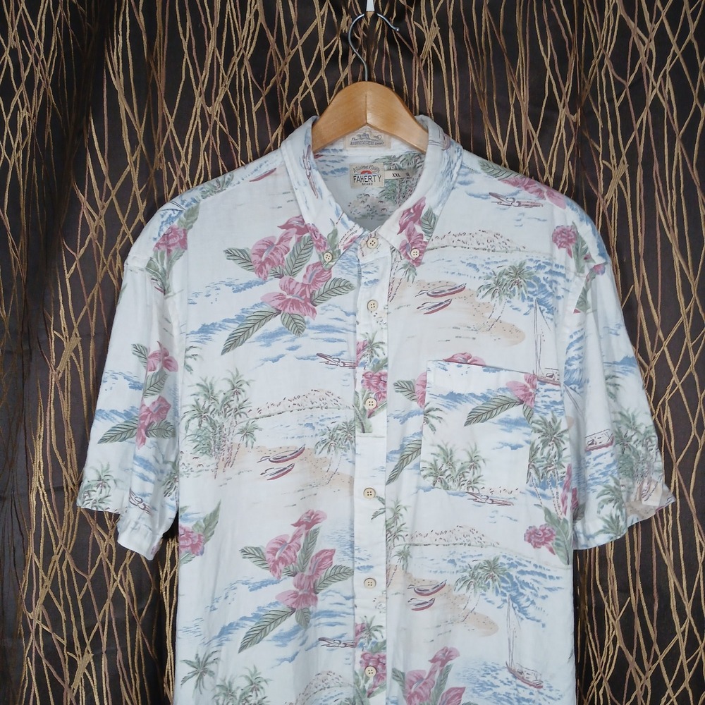 Faherty Breeze Shirt Mens XXL White Tropical Island Linen Tencel Short Sleeve